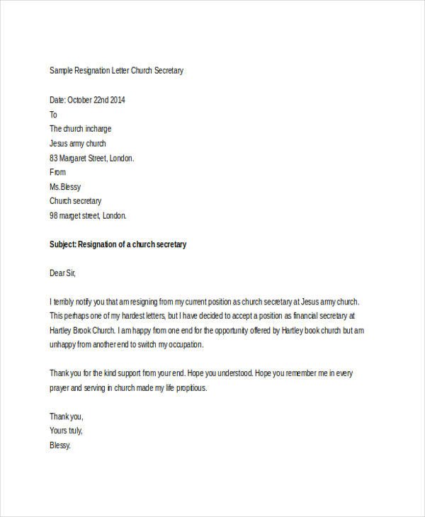 Church Resignation Letter Sample Church Resignation Letter Template 9 Free Word Pdf