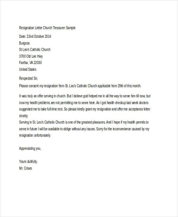 Church Resignation Letter Sample Church Resignation Letter Template 9 Free Word Pdf