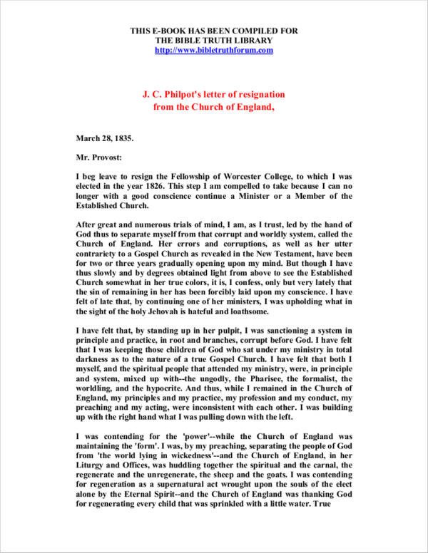 Church Resignation Letter Sample Free 10 Church Resignation Letter Samples and Templates