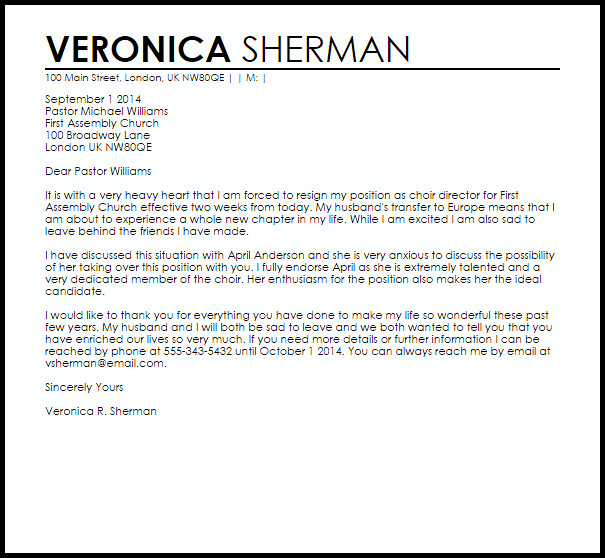 Church Resignation Letter Sample Resignation Letter Example From Church Position