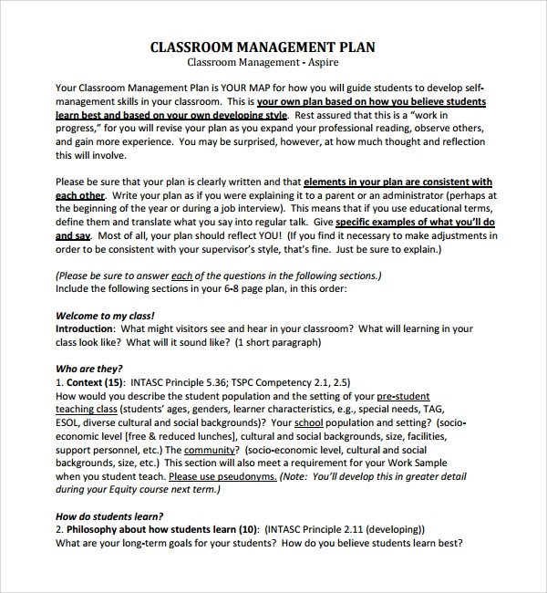 Classroom Management Plan Template Sample Classroom Management Plan Template 12 Free