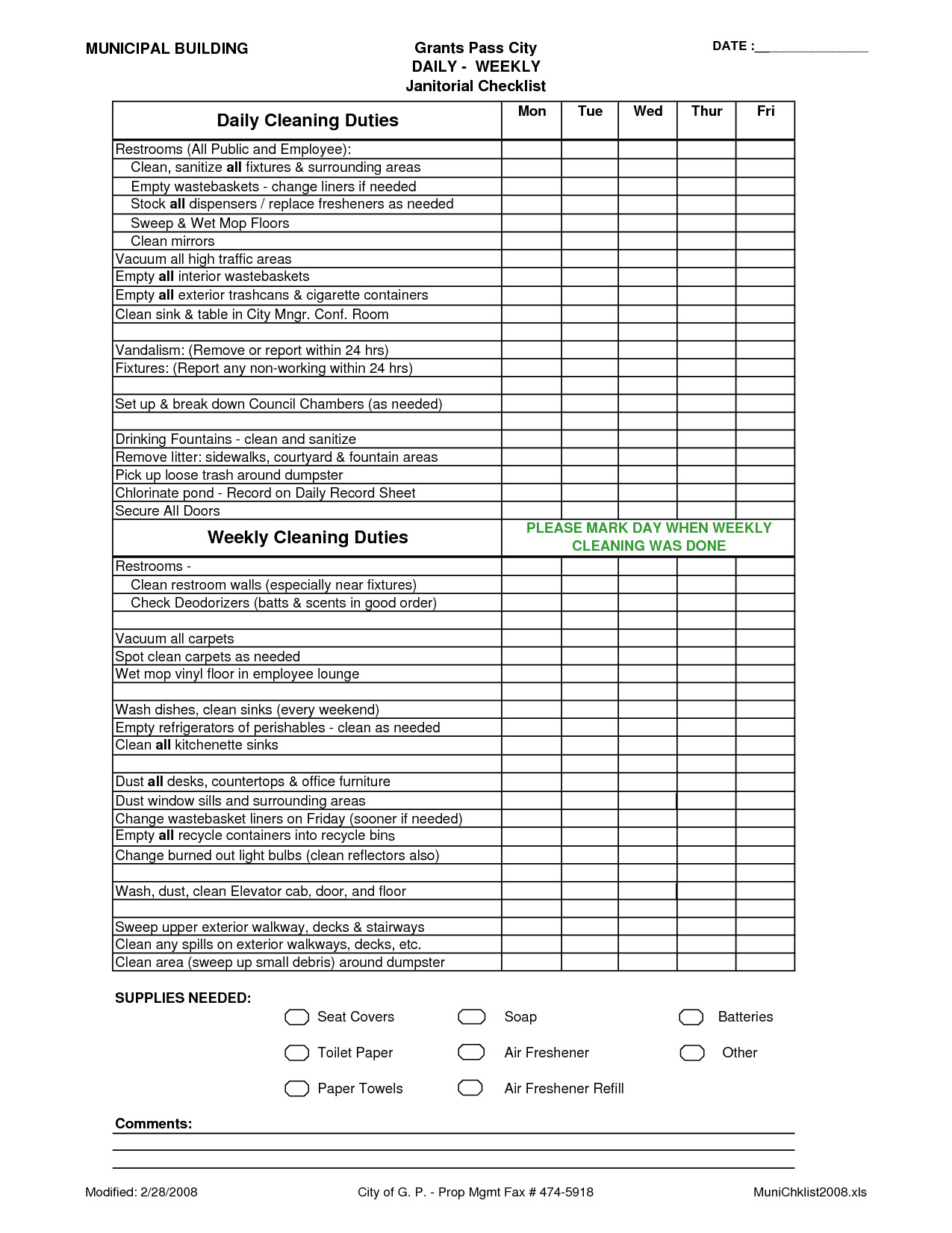 Cleaning Schedule Template for Office Fice Cleaning Checklist Pdf