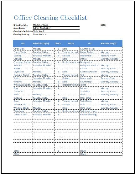 Cleaning Schedule Template for Office Fice Cleaning Checklist Template