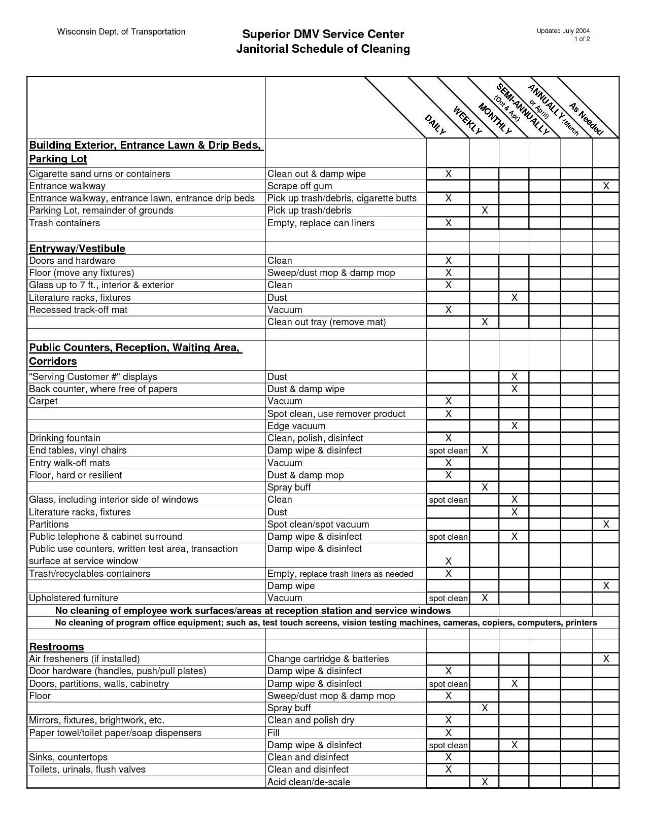 Cleaning Schedule Template for Office Janitorial Checklist Template