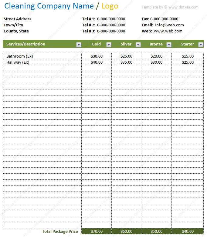 Cleaning Services Price List Template Cleaning Price List Template In Excel Dotxes
