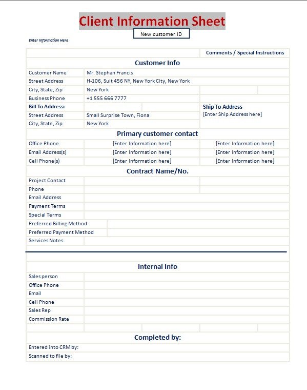 Client Information Sheet Template Client Information Sheet Template Excel Pdf formats