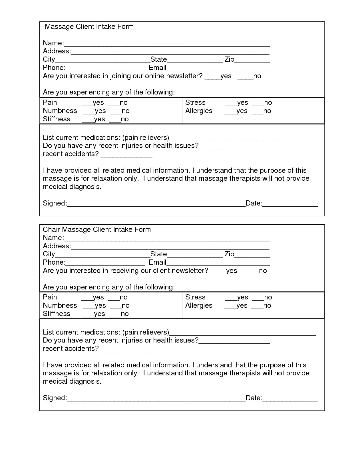 Client Intake form Template Massage Client Intake form Template