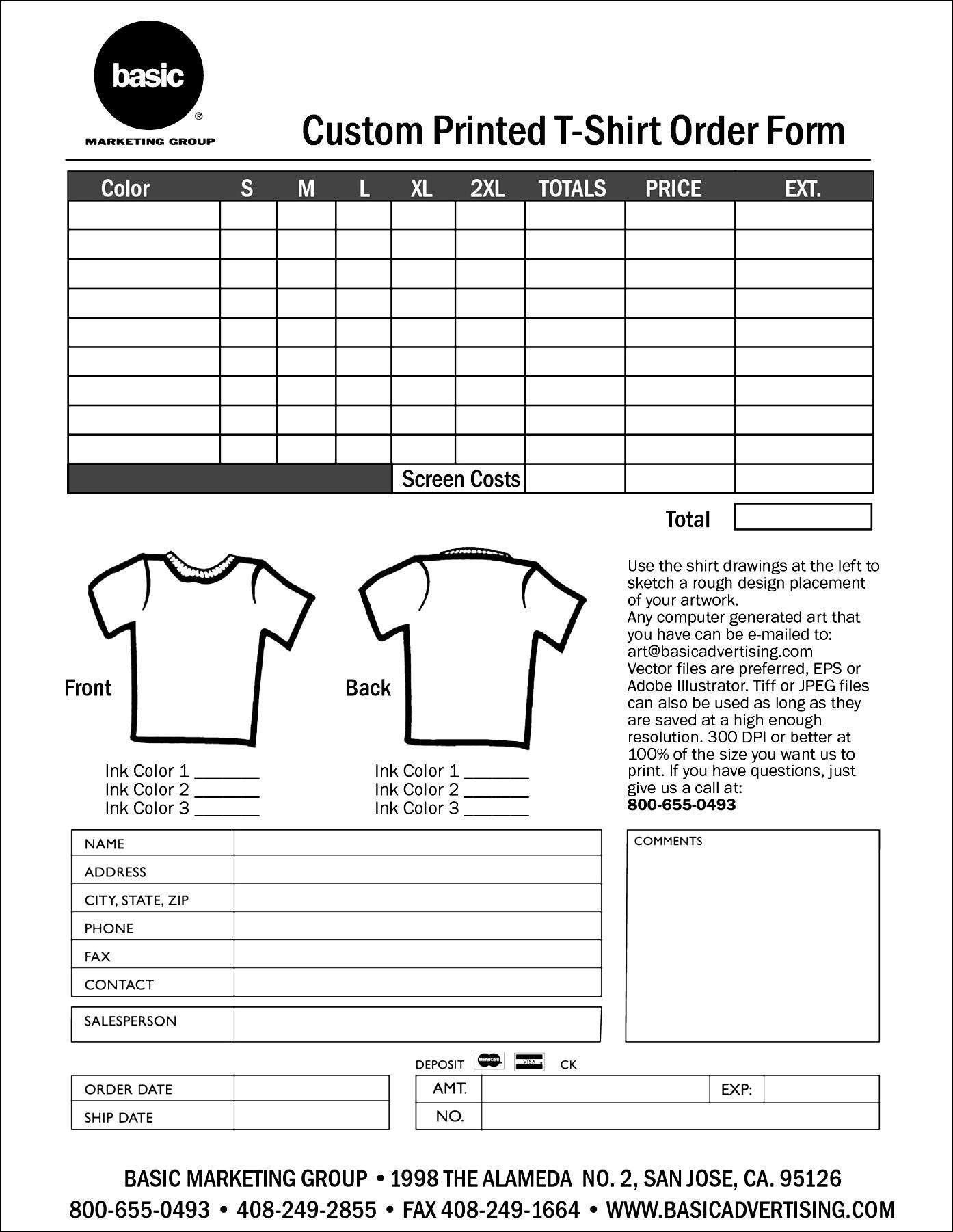 Clothing order form Template Personalized T Shirt order form Template