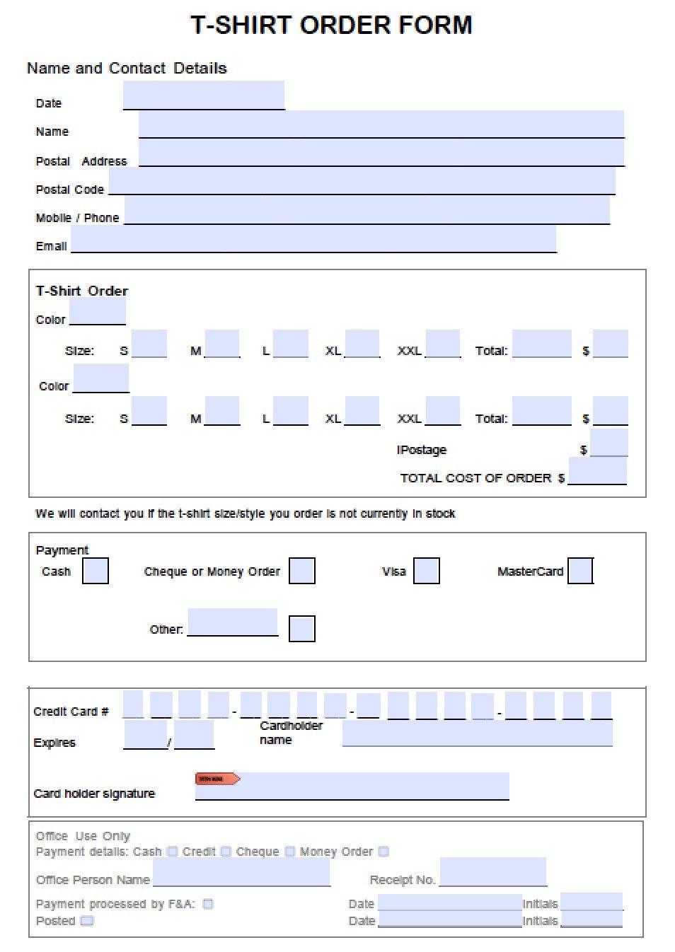 Clothing order form Template T Shirt order form Template