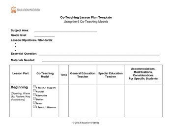 Co Teaching Planning Template Co Teaching Lesson Plan Template Customizable
