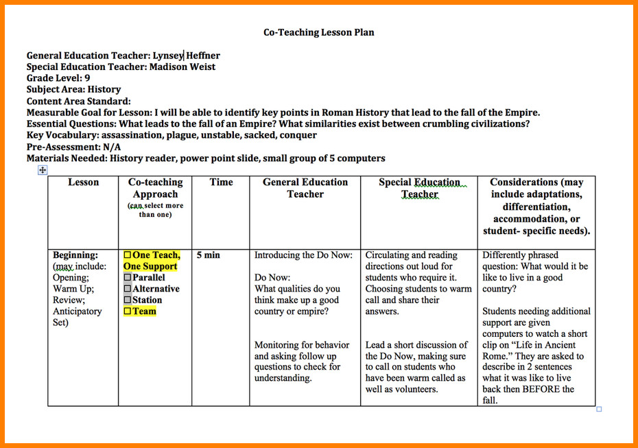 Co Teaching Planning Template Co Teaching Lesson Plan Template Lawteched