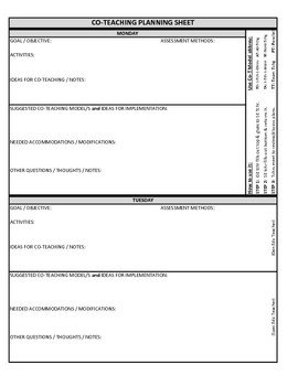 Co Teaching Planning Template Co Teaching Planning Template Version 3 Of 3 by Justin