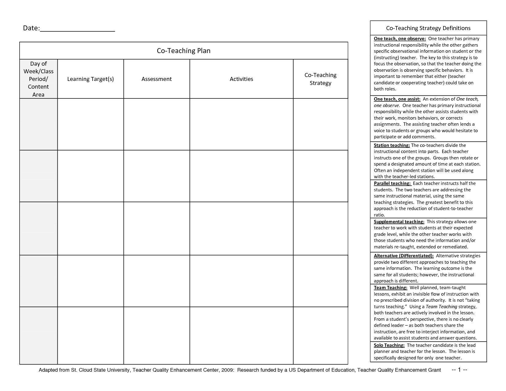 Co Teaching Planning Template Student Planner Templates