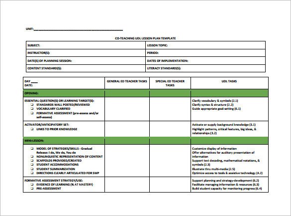 Co Teaching Planning Template Teacher Lesson Plan Template 8 Free Sample Example