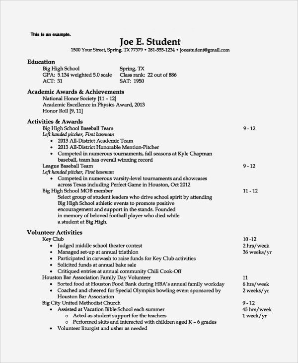 College Admissions Resume Template 8 College Resume Examples Templates