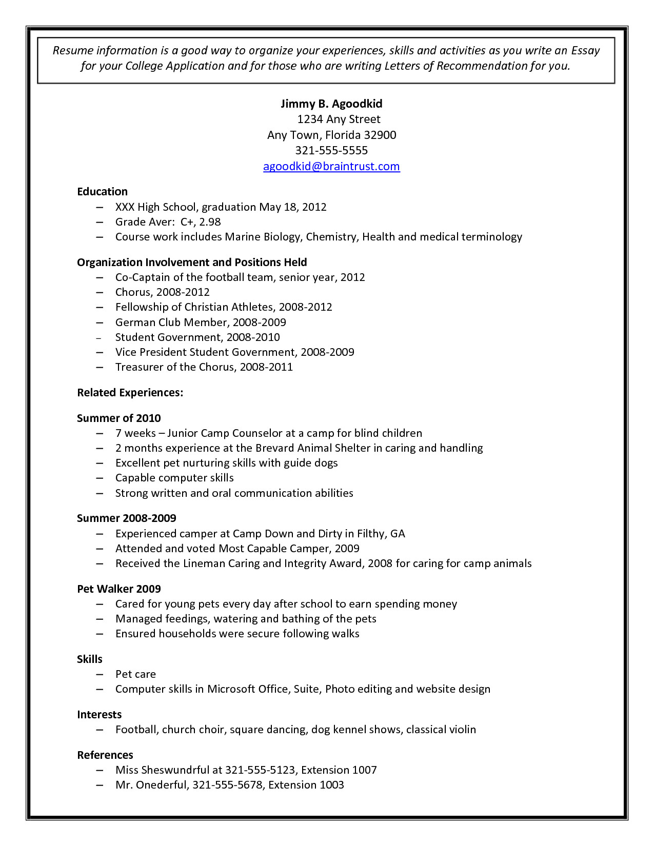 College Admissions Resume Template College Admission Resume Template