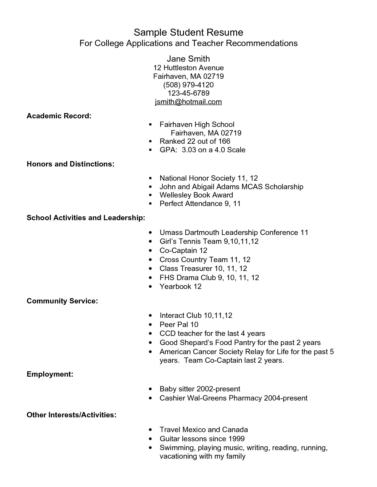 College Admissions Resume Templates Example Resume for High School Students for College