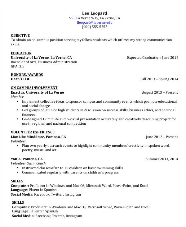 College Freshman Resume Template College Student Resume 7 Free Word Pdf Documents