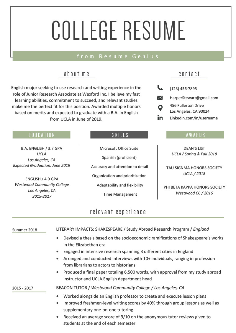 College Freshman Resume Template College Student Resume Sample &amp; Writing Tips