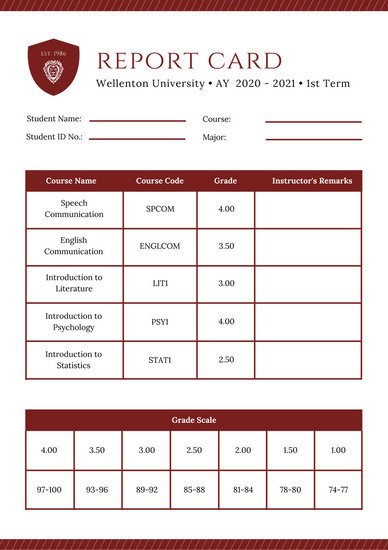 College Report Card Template Maroon Simple Striped Pattern College Report Card