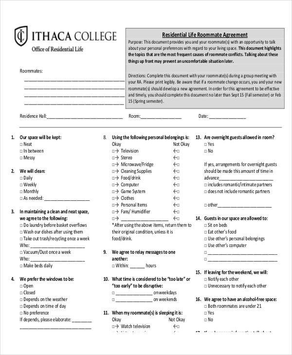 College Roommate Contract Template Agreement Examples