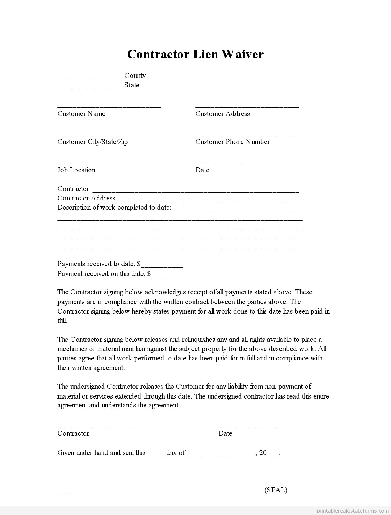 Colorado Workers Comp Waiver form Sample Printable Contractor Lien Waiver form