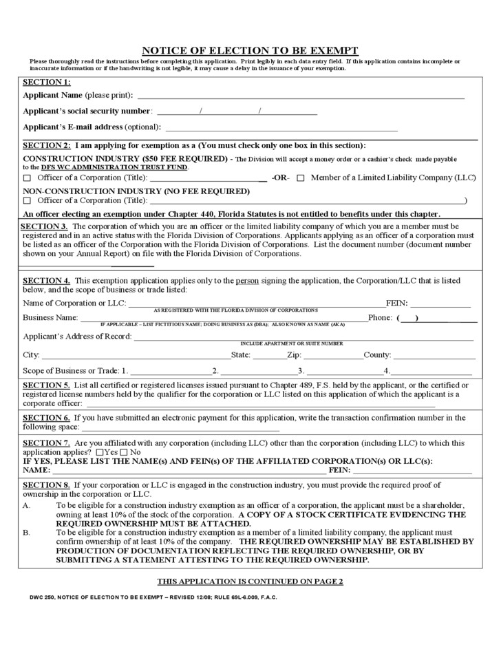 Colorado Workers Comp Waiver form Workers Pensation Exemption form Florida