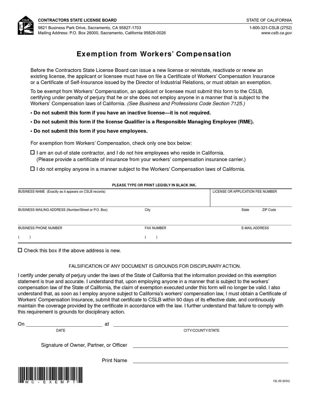 Colorado Workers Comp Waiver form Workmans P Exemption form Florida forms 6119