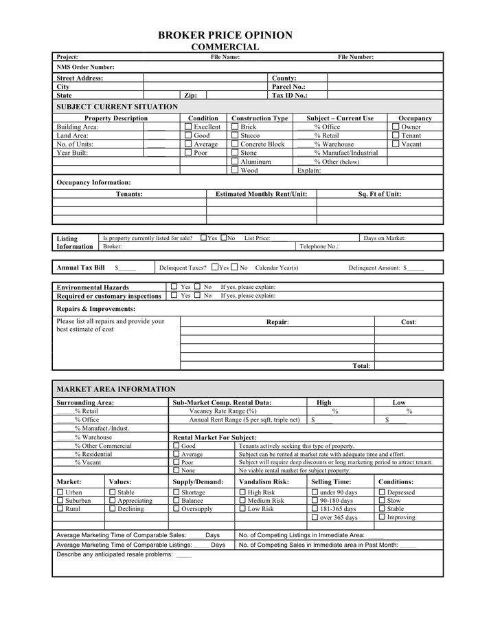 Commercial Broker Price Opinion Template General Bill Of Sale form Free Documents for