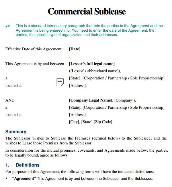 Commercial Sublease Agreement Template Sublease Agreement 9 Free Pdf Doc Download