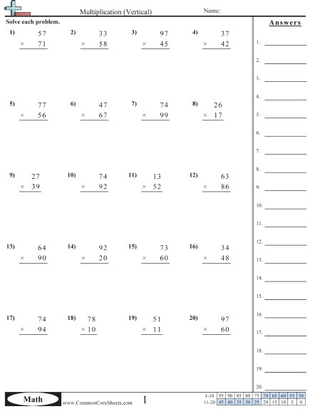Common Core Sheets Answers Multiplication Worksheets