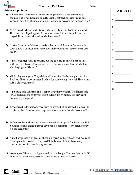 Common Core Sheets Answers Multistep Worksheets