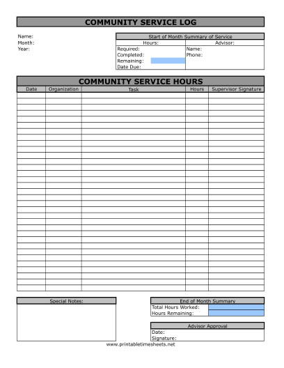 Community Service Hours Template Munity Service Timesheet Printable Time Sheets Free to
