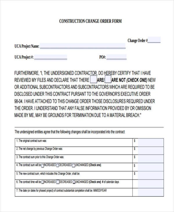 Construction Change order form 28 order forms In Pdf