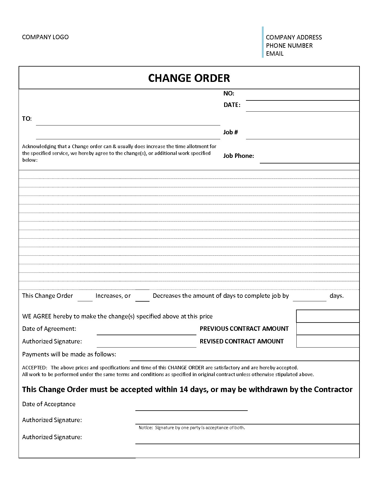 Construction Change order Template Excel Change order form Template