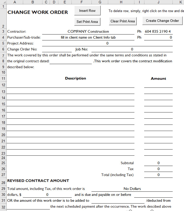 Construction Change order Template Excel Construction Estimating