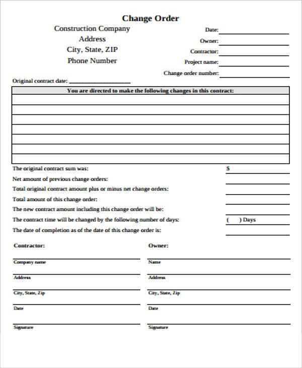 Construction Change order Template Excel Sample Construction Change order form 7 Examples In