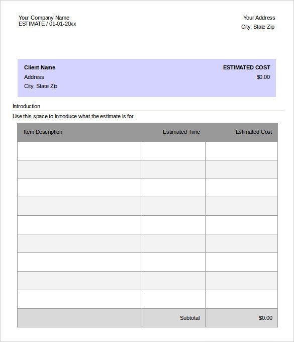 Construction Estimate Template Word 26 Blank Estimate Templates Pdf Doc Excel Odt