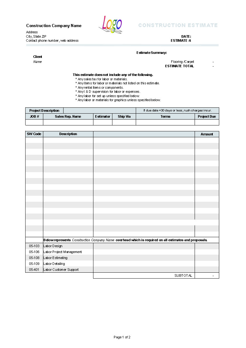 Construction Estimate Template Word Construction Estimate Template Uniform Invoice software