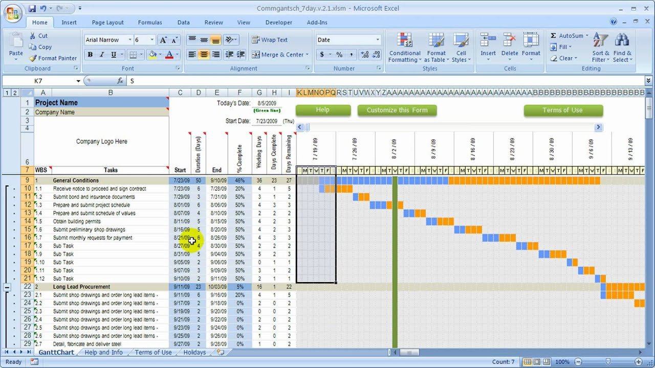 Construction Project Schedule Example 7 Day Construction Schedule Overview Done with Excel