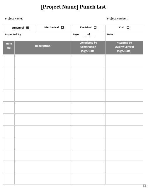 Construction Punch List Template 7 Free Sample Construction Punch List Templates