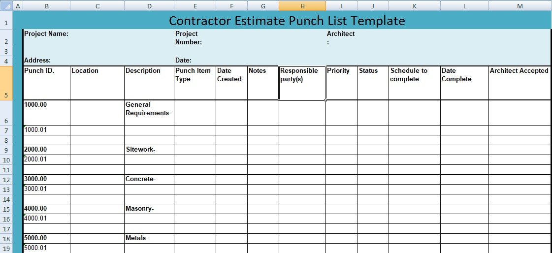 Construction Punch List Template Construction Project Punch List Template – Free Download