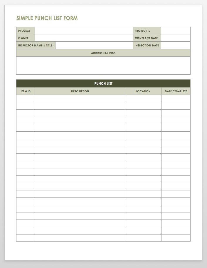 Construction Punch List Template Free Punch List Templates