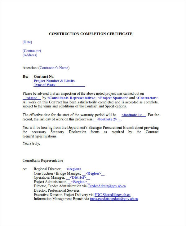 Contractor Certificate Of Completion Templates 27 Pletion Certificate Examples Psd Pdf Word