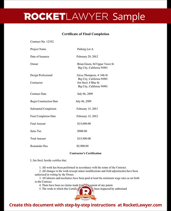 Contractor Certificate Of Completion Templates Certificate Of Final Pletion form for Construction