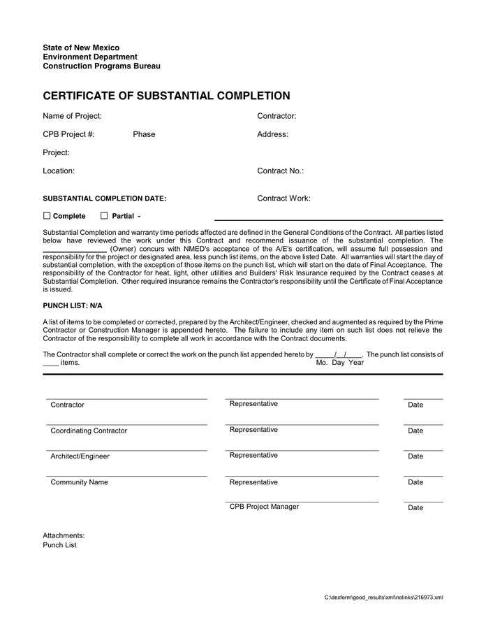 Contractor Certificate Of Completion Templates Certificate Of Substantial Pletion In Word and Pdf formats