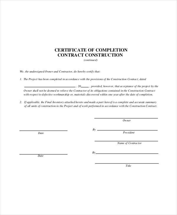 Contractor Certificate Of Completion Templates Construction Contract Template 14 Word Pdf Apple