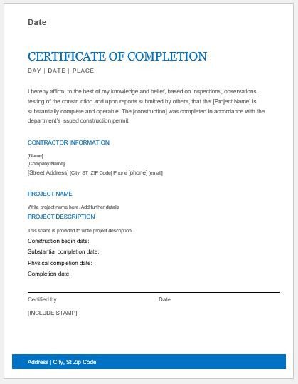 Contractor Certificate Of Completion Templates Work Pletion Certificates for Ms Word