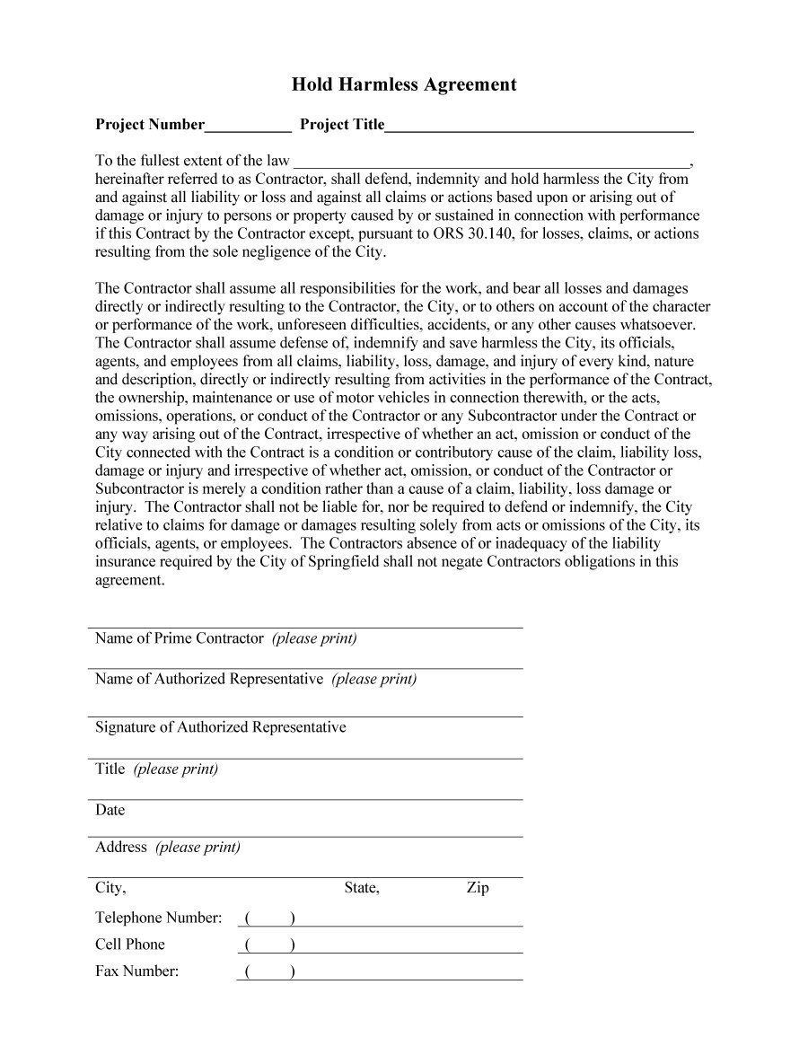 Contractor Hold Harmless Agreement Template 40 Hold Harmless Agreement Templates Free Template Lab