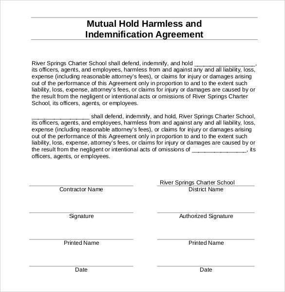 Contractor Hold Harmless Agreement Template Hold Harmless Agreement 32 Download Documents In Pdf